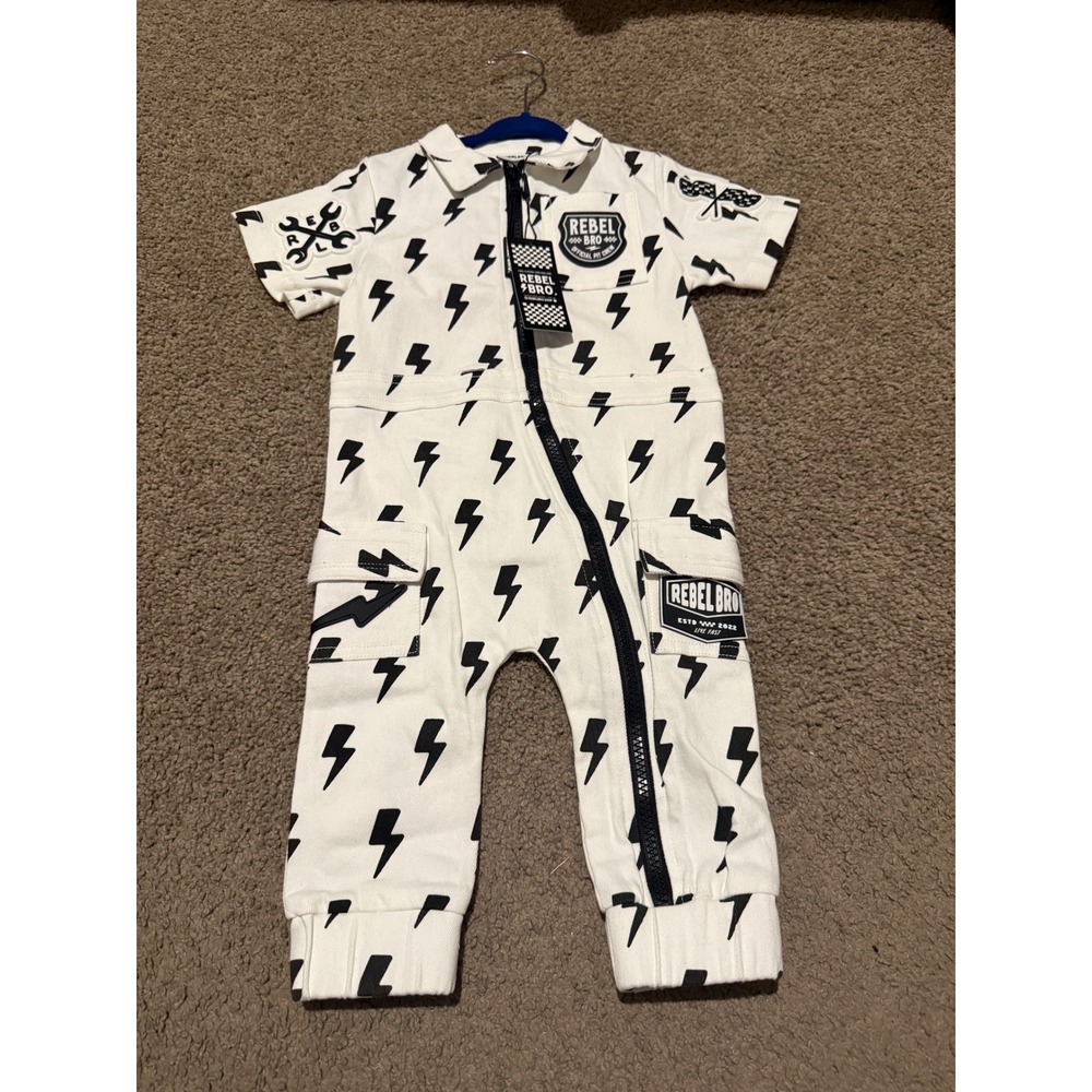 Rebel Bro Kids Lightning Bolt Zip Up Cargo Coverall White Black 12-18M NWT
